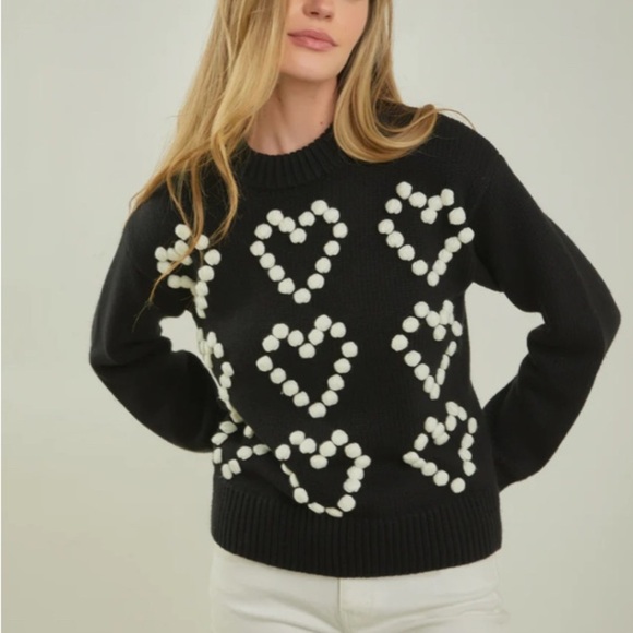 English Factory Woman’s Heart Pom Black Sweater Size Medium NWT - Picture 3 of 15